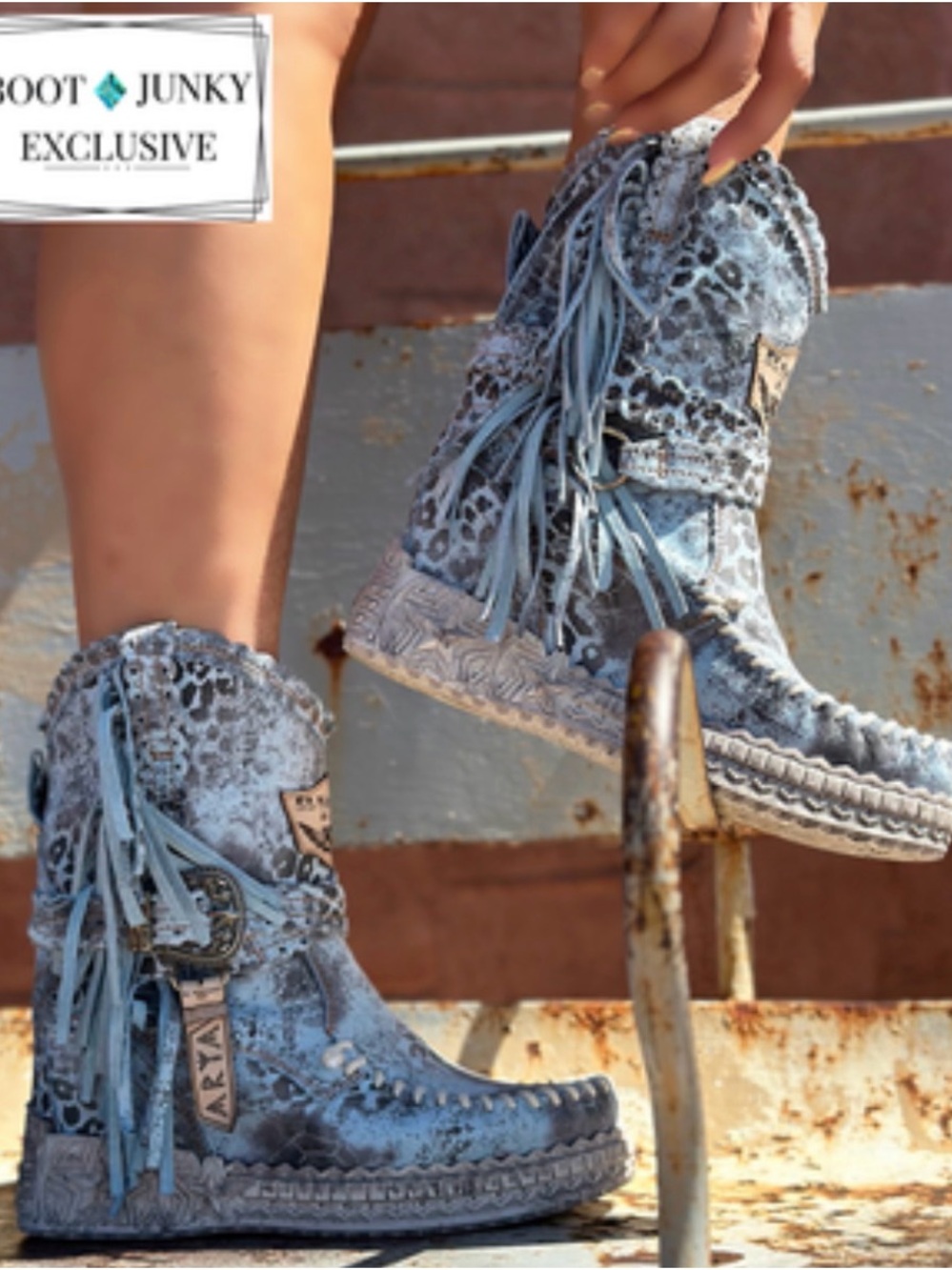 El Vaquero Moccasin Boot Junky Women's Leopard Blue Fringe Ayra Silverstone